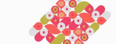 Soyut geometrik desen. Daireler, ovalar, dikdörtgenler, renkli mozaikler oluşturarak örtüşüyor. Yumuşak pembeler, sarılar, griler dizaynın hakimi. Minimalist estetik.