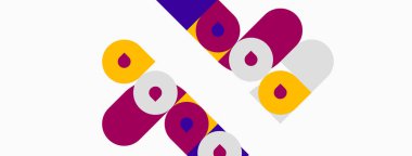 Soyut geometrik şekiller örtüşür, canlı renk blokları oluşturur. Mor, sarı, mavi tonlarda dizayn hakim. Modern, eğlenceli estetik..