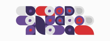 Soyut geometrik şekiller, daireler, dikdörtgenler, kırmızı, mor, gri. Minimalist tasarım, model, modern estetik. Basit kompozisyon.