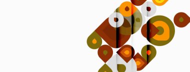 Soyut geometrik şekiller, daireler, kareler kesişir. Sıcak renkler modern tasarım yaratıyor. Minimalist estetik, temiz çizgiler mevcut.