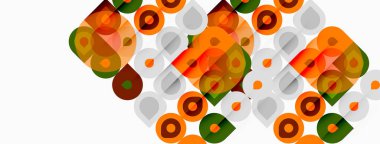 Soyut geometrik desen. Çemberler, kareler, yuvarlak dikdörtgenler renk bileşimi oluşturur. Turuncu, yeşil, gri egemen tasarım.