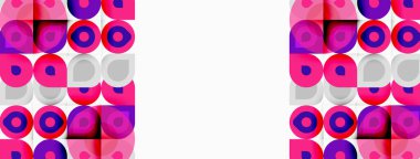 Şablon, tekrar eden daireler ve kareler içeriyor. Pembe, mor renkler tasarıma hakim. Beyaz alan zıtlık ve denge sağlar. Basit geometri görsel ritim yaratır.