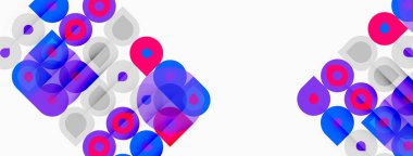 Üst üste binen daireler, kareler içeren soyut bir kompozisyon. Gözlükler arasında mor, mavi, pembe, beyaz. Minimalist tasarım, modern estetik.