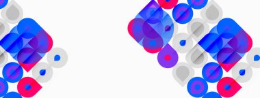 Soyut geometrik şekiller, mavi, mor renkler. Çemberler, kareler modern tasarım yaratarak örtüşüyor. Minimalist estetik, temiz arkaplan.