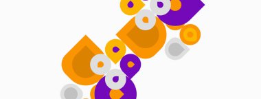 Soyut geometrik şekiller, turuncu, mor, gri daireler kesişiyor. Minimalist tasarım, parlak renkler, modern estetik. Basit kompozisyon.