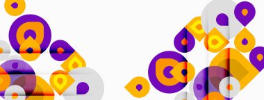 Soyut geometrik şekiller örtüşüyor, canlı renk kalıpları yaratıyor. Mor, turuncu, gri baskın kompozisyon. Modern tasarım elemanları.