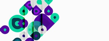 Soyut geometrik şekiller örtüşür, dinamik bileşim yaratır. Mor, deniz mavisi, beyaz baskın tasarım. Modern estetik.