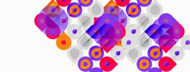 Soyut geometrik şekiller, canlı renkler, üst üste binen daireler, kareler. Modern tasarım, eğlenceli kompozisyon, dijital illüstrasyon.