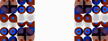 Geometrik desen kareler, daireler içerir. Renkler arasında mavi, kahverengi, beyaz var. Tekrarlanan tasarım görsel simetri yaratır.