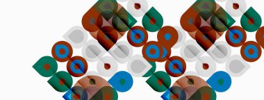 Soyut geometrik desen. Daireler, kareler, dikdörtgenler dinamik görsel doku oluşturur. Kahverengi, deniz mavisi, beyaz baskın bileşim.