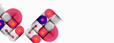 Soyut geometrik şekiller örtüşüyor, canlı renk kalıpları yaratıyor. Pembe, mor, turuncu renkler beyaz arkaplana hakim. Modern tasarım.