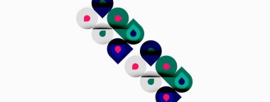 Soyut grafik tasarım tekerrür eden şekiller, renkler arasında deniz mavisi, pembe, beyaz, siyah yer alır. Minimalist kompozisyon, köşegen düzenleme.