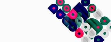 Soyut geometrik şekiller çakışıyor, renkli desenler yaratıyor. Beyaz arkaplan karşıtlık ve basit tasarım sağlar.