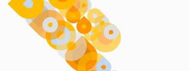 Soyut daireler üst üste binerek sıcak renk eğimleri yaratıyor. Sarı, portakallar kompozisyona hakim. Minimalist tasarım, modern estetik.