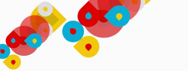 Renkli daireler beyaz arka planla örtüşüyor. Şekiller farklı boyutlarda, farklı renklerde. Minimalist tasarım modern estetiği çağrıştırıyor..