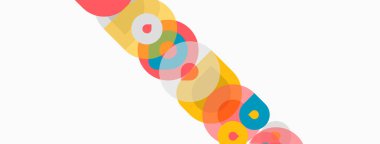 Soyut renkli daireler beyaz arkaplan boyunca çaprazlama kesişiyor. Basit şekiller dinamik görsel desen oluşturur.