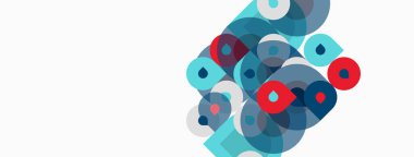 Soyut daireler örtüşüyor, parlak mavi ve kırmızı renkler yaratıyor. Minimalist tasarım bağlantı, veri noktaları, modern estetik.