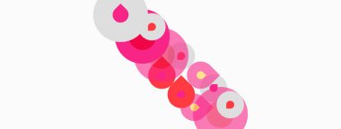 Soyut pembe daireler beyaz arkaplan boyunca çaprazlama kesişiyor. Şekiller farklı boyutlarda, dinamik görsel desen oluşturur.