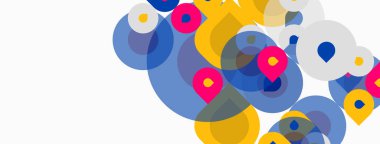 Üst üste binen daireler, canlı renkler içeren soyut kompozisyon. Sarı, mavi, pembe renkler dinamik görsel doku yaratır. Modern tasarım elemanları.