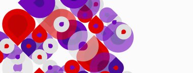 Soyut daireler, farklı boyutlarda, kırmızı, mor renkler. Üst üste binen şekiller dinamik bileşimler yaratır, beyaz arkaplan. Modern tasarım ögesi.
