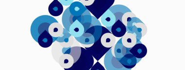 Üst üste binen mavi daireler, değişik tonlarda, beyaz arkaplan içeren soyut kompozisyon. Modern tasarım, basit şekiller, temiz estetik..