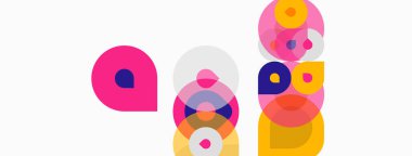 Soyut renkli daireler çakışıyor, eğlenceli kompozisyonlar oluşturuyor. Şekiller farklı boyutlarda, renkte, modern estetik sunuyor..