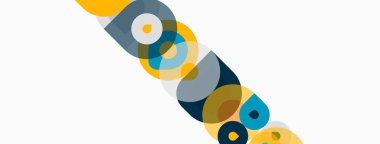 Soyut geometrik şekiller örtüşür, dinamik bileşim yaratır. Renkler sarı, mavi, gri. Minimalist tasarım modern estetiği öneriyor.