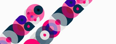 Soyut desenler üst üste binen daireler, canlı pembeler, morlar, griler. Minimalist tasarım dinamik görsel ritim yaratır.