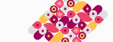 Soyut şablon yuvarlak kareler ve daireler içeriyor. Renkler arasında mor, sarı, gri var. Tasarım geometrik, modern, yinelenen görünür.