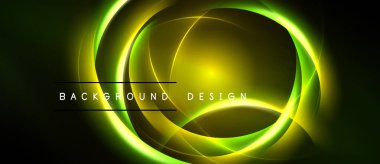 Soyut neon halkalar, canlı yeşil renkler, koyu arkaplan. Modern tasarım elementi, dinamik akış, enerji dışa doğru yayılıyor.