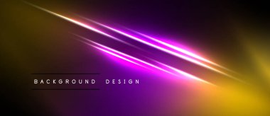 Karanlık arkaplan üzerine soyut neon çizgiler. Canlı sarı, mor renkler dinamik görsel efekt yaratır. Modern tasarım ögesi.