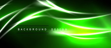 Soyut yeşil dalgalar, parlak çizgiler, karanlık zemin. Dijital projeler için modern tasarım ögesi, canlı enerji.