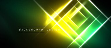Soyut neon arkaplan. Parlak sarı, yeşil çizgiler kesişiyor ve dinamik ışık efektleri oluşturuyor. Karanlık uzay, canlı merkezi kapsar..
