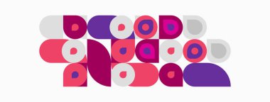 Soyut geometrik şekiller, daireler, dikdörtgenler, pembeler, morlar. Minimalist tasarım, modern estetik, düz çizim, oyuncu kompozisyon.