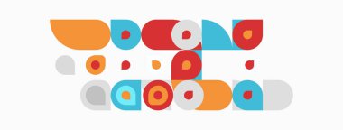 Soyut geometrik şekiller, daireler, dikdörtgenler, canlı renkler. Minimalist tasarım, neşeli kompozisyon, modern estetik.