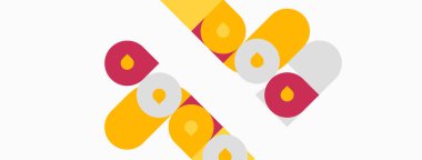 Soyut tasarım tekrarlayan hap şekilleri içerir. Renkler kırmızı, sarı, gri, beyaz. Minimalist kompozisyon, temiz çizgiler, modern estetik..