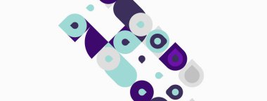 Soyut geometrik şekiller, mor, deniz mavisi renkleri. Çemberler, kareler modern tasarım yaratarak örtüşüyor. Minimalist estetik, temiz arkaplan.