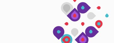 Soyut şekiller, mor, gri, beyaz arkaplana dağılmış deniz mavisi noktalar. Minimalist tasarım, neşeli kompozisyon, modern estetik.