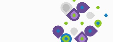 Soyut geometrik şekiller, mor, yeşil, gri noktalar. Minimalist tasarım, temiz arka plan, modern estetik. Basit kompozisyon.