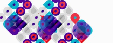 Soyut geometrik desen. Çemberler, kareler örtüşüyor ve canlı görsel doku oluşturuyor. Mor, kırmızı, Cyan baskın kompozisyon. Modern tasarım ögesi.