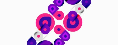 Soyut daireler örtüşüyor, parlak mor desenler yaratıyor, beyaz desenler. Modern tasarım, eğlenceli kompozisyon, basit şekiller imaja hakim..