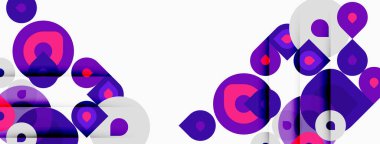 Soyut geometrik şekiller örtüşüyor, canlı mor, beyaz ve pembe bileşimler oluşturuyor. Modern tasarım elementleri dijital sanatı öneriyor.