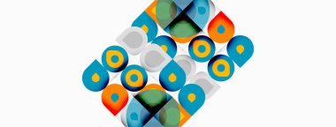 Soyut şablon renk çakışan daireler ve kareler içeriyor. Geometrik şekiller dinamik görsel doku oluşturur. Parlak renkler kompozisyona hakim.