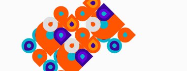 Soyut geometrik şekiller, turuncu, turkuaz, mor. Çemberler, kareler örtüşüyor ve eğlenceli bir kompozisyon oluşturuyor. Minimalist tasarım.