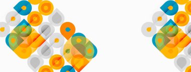 Soyut geometrik şekiller, daireler, kareler kesişir. Parlak renkler baskın, modern desenler yaratıyor. Minimalist tasarım, temiz estetik.