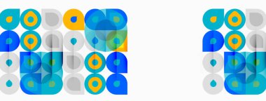 Soyut geometrik desen. Daireler, kareler, dikdörtgenler, renkli tasarım oluşturarak örtüşüyor. Mavi, turuncu, turkuaz baskın kompozisyon.