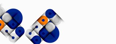 Soyut geometrik şekiller, mavi, turuncu, gri. Üst üste binen kareler, daireler, dikdörtgenler içeren minimalist tasarım. Temiz estetik, modern kompozisyon.