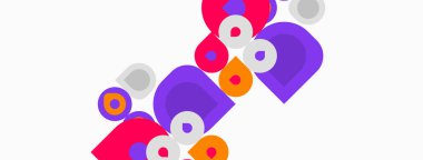 Soyut geometrik şekiller örtüşür, canlı renkli kompozisyon oluşturur. Çemberler, yarı daireler dizaynın hakimi. Modern estetik.