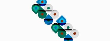 Soyut renkli şekiller çaprazlama dizilmiş. Çemberler, kareler, üçgenler tekrar eden desenler oluşturur. Minimalist tasarım, beyaz arkaplan resme hakim.