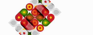 Soyut geometrik desen. Kare içinde daireler, canlı renkler, katmanlı tasarım, minimalist estetik. Temiz hatlar, modern tarz..